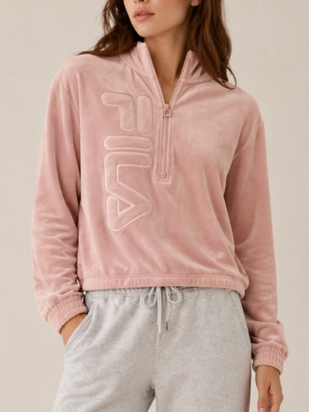Fila Pink Velour Hoodie Y2K Athleisure Cozy Oversized Logo Soft Lounge Top